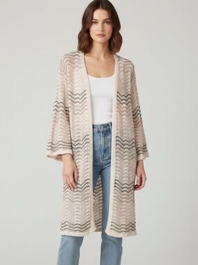 Francesca's Chevron Knit Open Front Cardigan Beige Brown XS